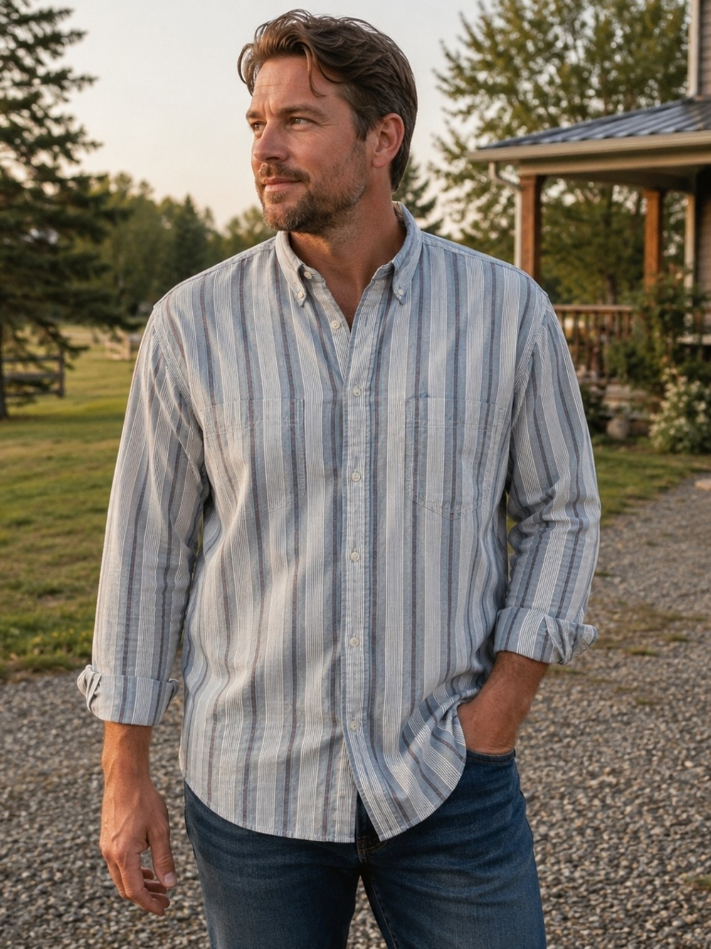 Eddie Bauer Vertical Stripe Button-Down Shirt in Light Blue, White/Grey Size XL